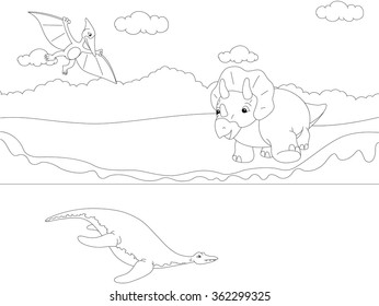 Funny cute pterodactyl, pliosaur and triceratops. Educational game for kids. Coloring book. Vector illustration