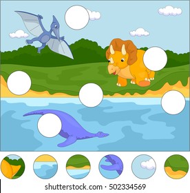 Funny cute pterodactyl, pliosaur and triceratops. Complete the puzzle and find the missing parts of the picture. Educational game for kids