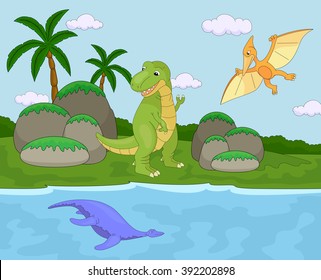Funny cute pterodactyl, pliosaur and tyrannosaurus. Educational game for kids. Coloring book. Vector illustration