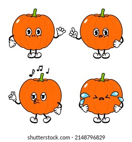 Funny cute pumpkin characters bundle set.Vector hand drawn doodle style traditional cartoon vintage,retro character illustration icon design. Pumpkin mascot emoji,child,baby,adorable,kids,character