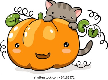 Funny cute pumpkin and kitten. Halloween illustration.