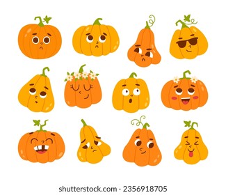 Funny cute pumpkin seasonal vegetable cartoon character with different emotion and expression isolated set. Kawaii happy, unhappy, surprised, shocked thanksgiving squash veggie vector illustration