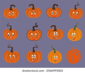 Funny cute pumpkin seasonal vegetable cartoon character with different emotion and expression isolated set. Hand drawn
