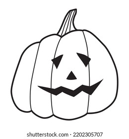 Funny cute pumpkin with smile. Halloween carved pumpkin. Doodle sketch simple drawing. Coloring book for children. Design element for Halloween celebration. Vector illustration isolated on white