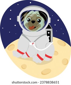funny, cute puppy astronaut in a spacesuit sits on the moon and smiles through his helmet