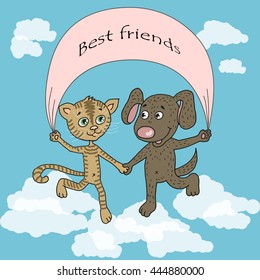 Funny and cute puppy and kitten friends jumping on clouds. Illustration of friendship and love in a cartoon style.