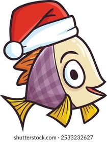 Funny and cute puprle fish cartoon character wearing santa's hat celebrating christmas