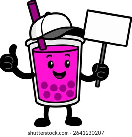 Funny and cute purple bubble tea cartoon character with a white cap and blank sign, showing a thumbs up.
