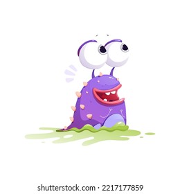 Funny cute purple monster with green slime and huge eyes - Vector Illustration