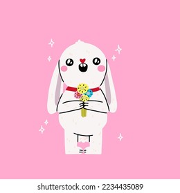 Funny cute rabbit in flower. Funny animal character. Flat cartoon colorful vector illustration. Creative holiday composition. Cute cartoon character. Happy easter greeting card template. Hand draw 