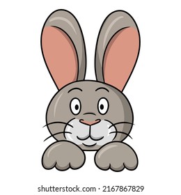 Funny cute rabbit with pink ears smiling , vector illustration in cartoon style on a white background