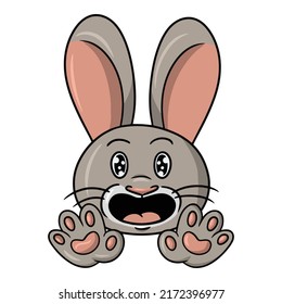 Funny cute rabbit smiles, character emotions, excitement, vector illustration in cartoon style on a white background
