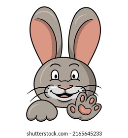 Gracioso conejo lindo sonríe y hace ondear su pata, ilustración vectorial en estilo de dibujos animados sobre un fondo blanco