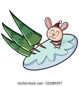 Funny cute rabbit wearing coat facing up with three pine tree - vector.