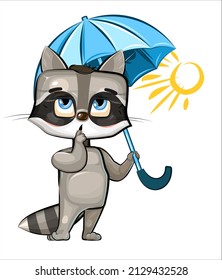 Funny cute Raccon with an umbrella. There is no rain and the sun is shining. The kid is an animal. Illustration for children. Cartoon style. Isolated on white background. Clipart vector.