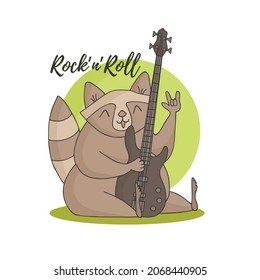 Funny cute raccoon with a bass guitar. Lettering Rock and Roll on the background of a green circle.