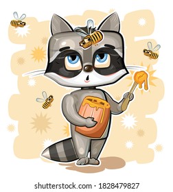 Funny cute raccoon eats honey. Suspicious bees are flying nearby. Funny kid animal. Cartoon style. Illustration for children. Isolated on white background. Vector