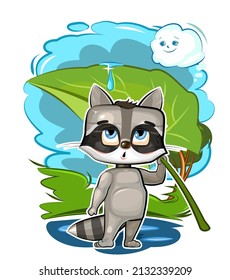 Funny cute Raccoon with a leaf instead of an umbrella. Hiding from the rain. The cloud smiles. The kid is an animal. Illustration for children. Cartoon style. Isolated on a white background. Vector.