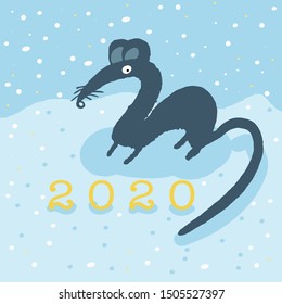 Funny cute rat on a winter snowy background. number 2020. Vector illustration for new year design