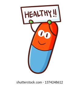 Funny and cute red blue capsule promoting healh