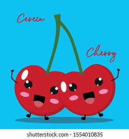 
Funny and cute red cherry with big eyes, arms and small legs. Blue background. Vector.