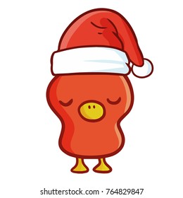 Funny and cute red chick wearing Santa's hat for Christmas and smiling - vector.