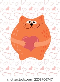 Funny cute red fat cat in its paws holds a valentine. Vector isolated image on a background of hearts for a postcard or sticker. Gift for valentine's day.