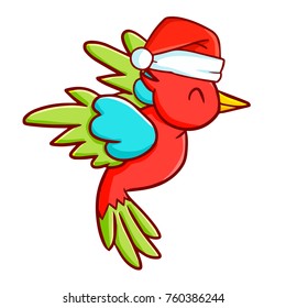 Funny and cute red green blue bird wearing Santa's hat for Christmas and smiling - vector.