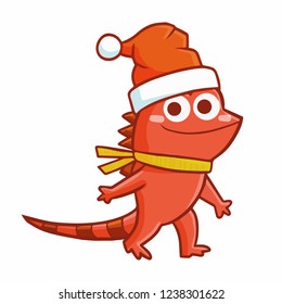 Funny and cute red iguana wearing Santa's hat for christmas, standing and smiling happily - vector.