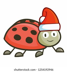 Funny and cute red ladybug smliing and wearing Santa's hat for christmas - vector