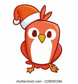 Funny and cute red little bird wearing Santa's hat for christmas and standing - vector