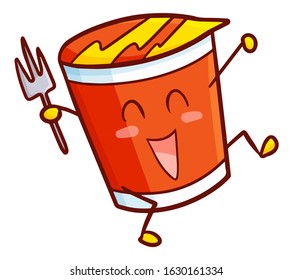 Funny and cute red noodle cup character running with fork in it's hand