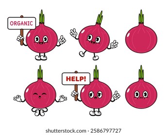 Funny cute Red onion characters bundle set. Vector hand drawn doodle style traditional cartoon vintage, retro character illustration design. Isolated white background. Happy Red onion
