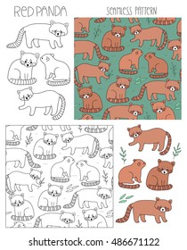 Funny and cute red pandas. Isolated animals and seamless pattern.