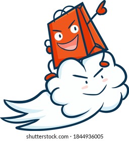 Fundadoso y lindo personaje rojo de la bolsa de la compra montando una nube para un evento de descuento