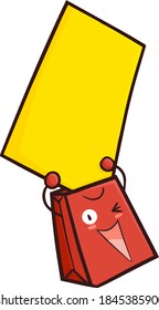 Funny and cute red shopping bag character holding blank yellow promotion board