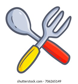 Funny and cute red spoon and yellow fork get crossed - vector.