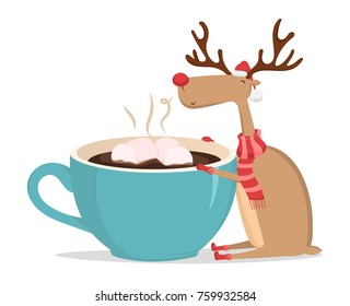 Funny cute Reindeer and cup coffee isolated white background  Merry Christmas   Happy New Year