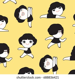 Funny Cute Relaxing And Dancing Girls Set Pattern On Yelow Pastel Background Concept Card Character illustration