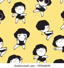 Funny Cute Relaxing And Dancing Girls Set Pattern On Yelow Pastel Background Concept Card Character illustration