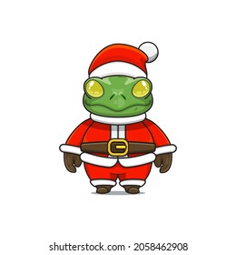 Funny and cute reptile or frog mascot, wearing santa claus costume, cartoon animal with sparkling brown eyes, front view. kawaii styles, flats, for kids and adults, for stickers. merry christmas. 