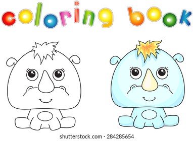 Funny and cute rhino. Vector illustration for children. Coloring book
