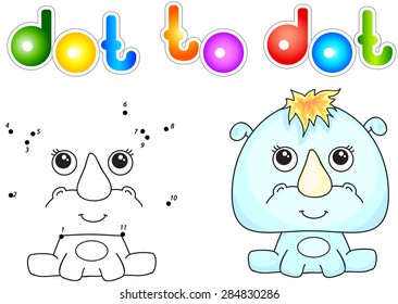Funny and cute rhino. Vector illustration for children. Dot to dot game
