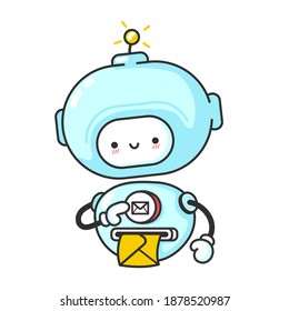 Funny cute robot, chat bot prints letter. Vector flat line cartoon kawaii character illustration icon. Isolated on white background. Robot, bot mascot character concept