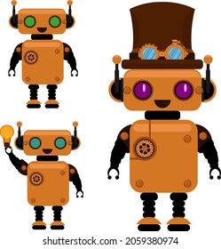 A funny cute robot in the steampunk style. A set of robots on a white background.