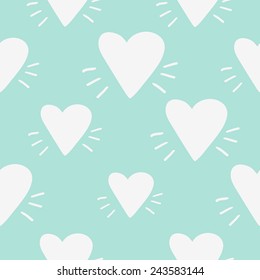 Funny cute romantic hearts vector seamless pattern on light blue background. Set of isolated elements. Chess grid order pattern.