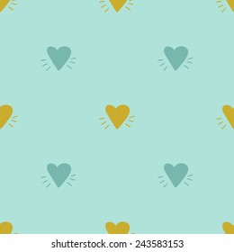 Funny cute romantic hearts vector seamless pattern on light blue background. Set of isolated elements. Chess grid order pattern.