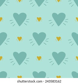 Funny cute romantic hearts vector seamless pattern on light blue background. Set of isolated elements. Chess grid order pattern.