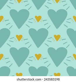 Funny cute romantic hearts vector seamless pattern on light blue background. Set of isolated elements. Chess grid order pattern.