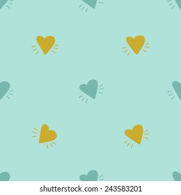 Funny cute romantic hearts vector seamless pattern on light blue background. Set of isolated elements. Chess grid order pattern.
